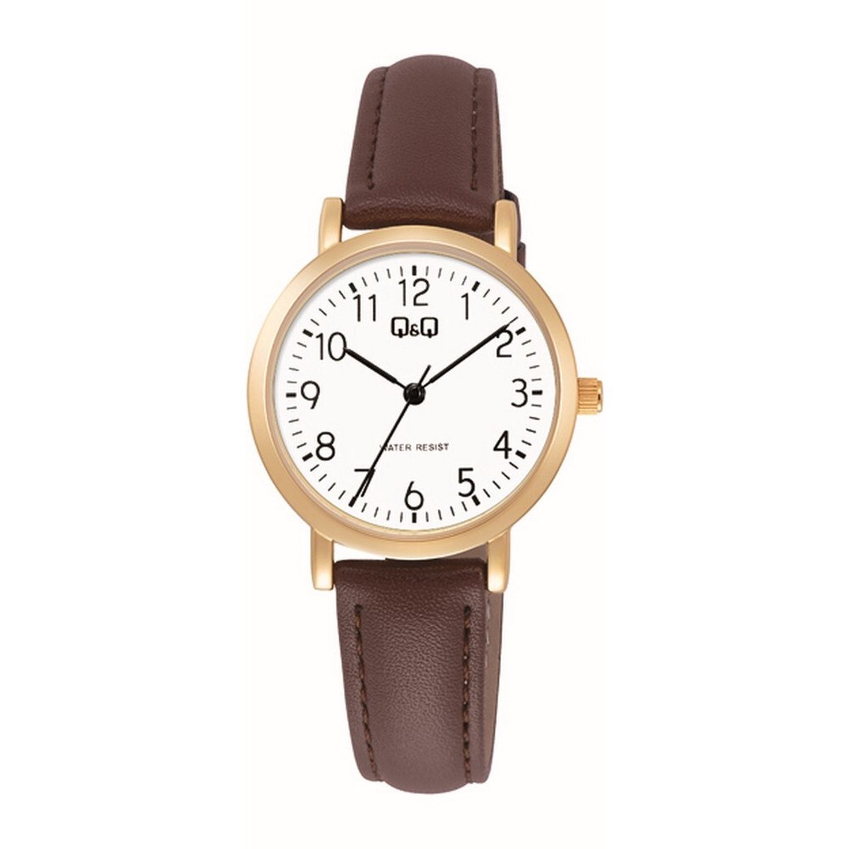 QQ C35A-010PY - Horloge - Vrouwen - Dames - Leren band - Rond - Metaal - Cijfers - Bruin - Goudkleurig - Wit