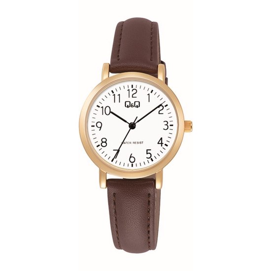 Q&Q C35A-010PY - Montre - Femme - Dame - Bracelet en cuir - Ronde - Métal - Chiffres - Marron - Doré - Wit