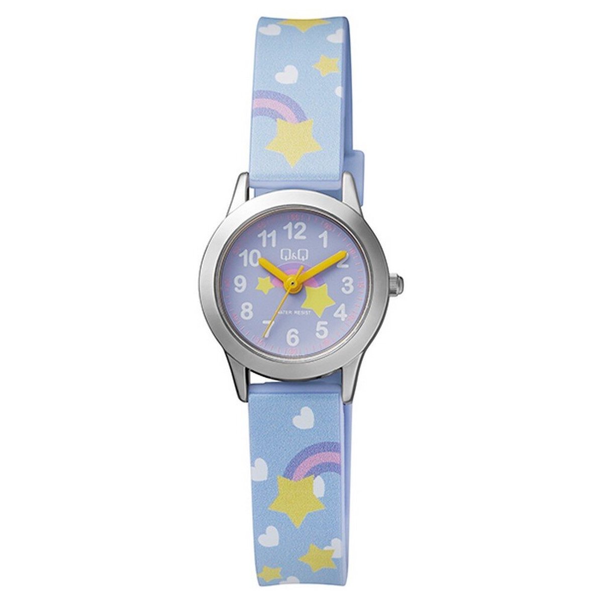 QQ QC29J315Y - Horloge - Analoog - Kinderen - Vrouwen - Plastic band - Rond - Cijfers - Metaal - Sterretjes - Hartjes - Blauw - Multikleur - Zilverkleurig
