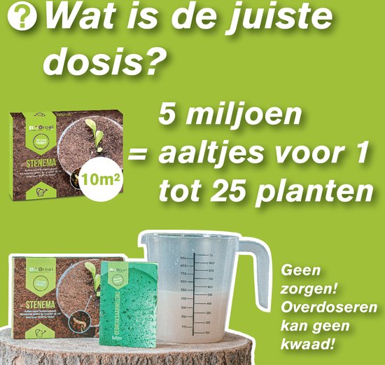 Doos "STENEMA" en groen zakje. Maatbeker met water. Tekst "Wat is de juiste dosis?".