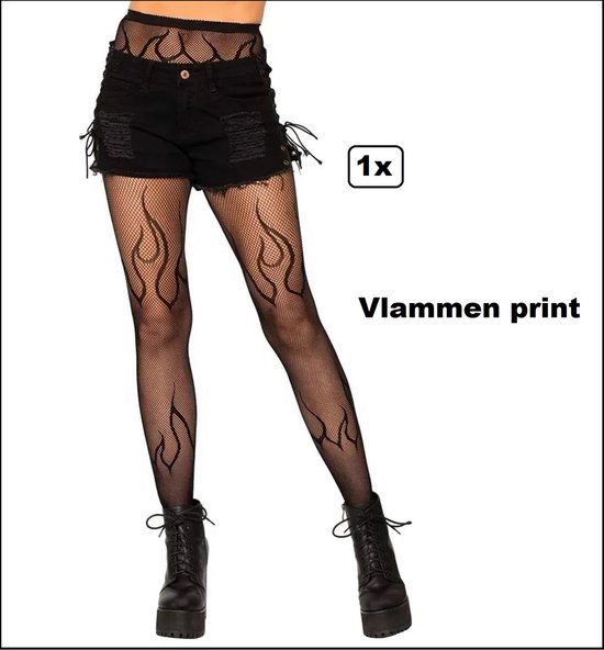Netpanty Flames print zwart - vlammen - Halloween horror creepy snake festival thema feest panty