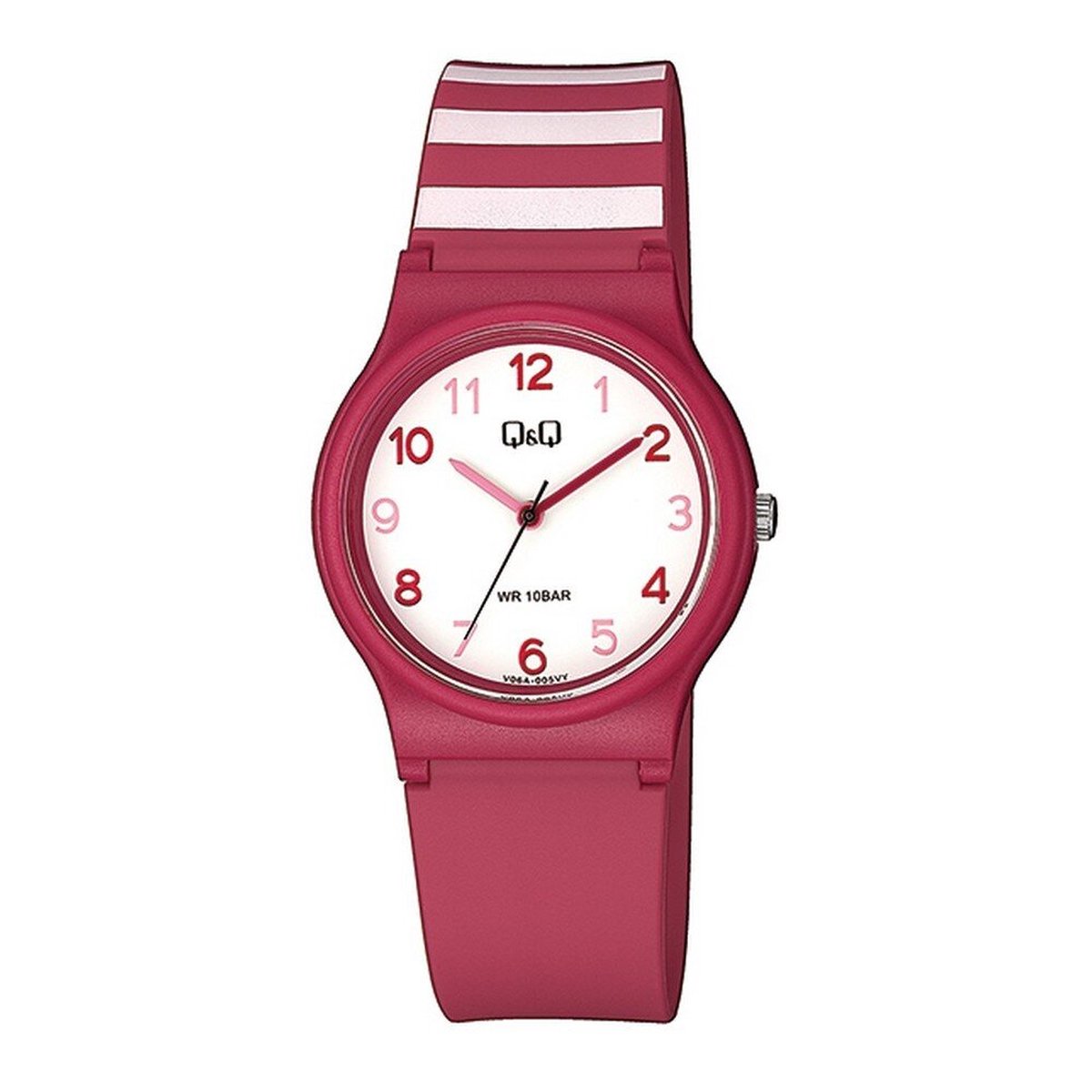 QQ V06A-005VY - Horloge - Sport - Analoog - Dames - Vrouwen - Plastic band - Rond - Kunststof - Cijfers - Rood - Strepen - Wit - 10 ATM