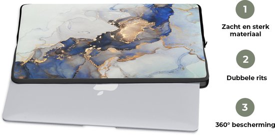 Housse pour ordinateur portable - Housse pour ordinateur portable - Blauw - Or - Imprimé marbré - Ordinateur portable - Natuursteen - Abstrait - 17 pouces