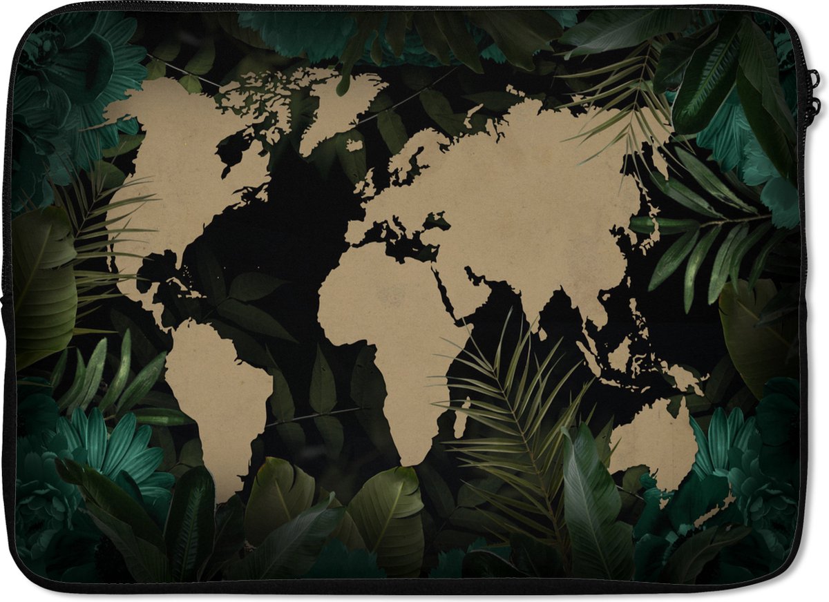 Laptophoes 13 inch - Wereldkaart - Zwart - Planten - Laptop sleeve - Binnenmaat 32x22,5 cm - Zwarte achterkant