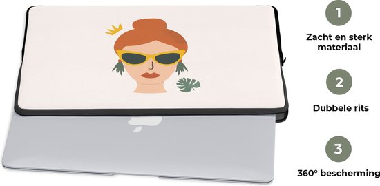 Laptophoes 13 inch - Vrouw - Monstera - Kroon - Portret - Laptop sleeve - Binnenmaat 32x22,5 cm - Zwarte achterkant
