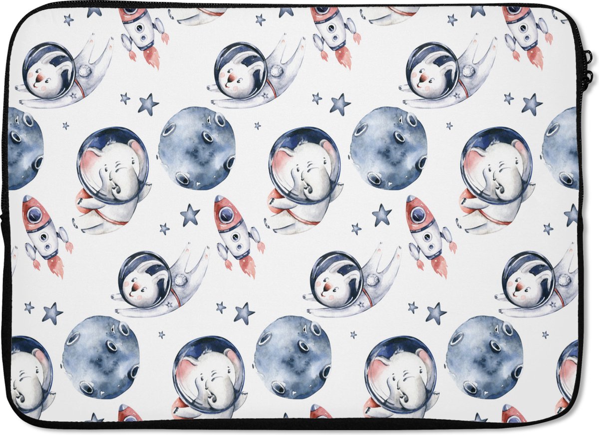 Laptophoes 13 inch - Olifant - Konijn - Raket - Jongens - Meisjes - Kinderen - Kindje - Laptop sleeve - Binnenmaat 32x22,5 cm - Zwarte achterkant