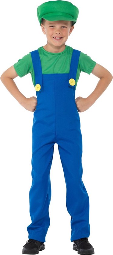 Karnival Costumes Luigi Kostuum Carnavalskleding Kinderen Carnaval Super Mario Kostuum - Groen - Polyester - 9-10 Jaar - 3-Delig T-Shirt/Tuinbroek/Hoed