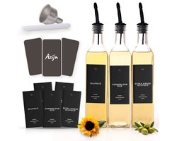 Orzen 3 glazen olie, azijn- en ketjap flessen set - met zwarte schenktuit, NL labels, trechter en stift - inhoud 500 ml - zwart