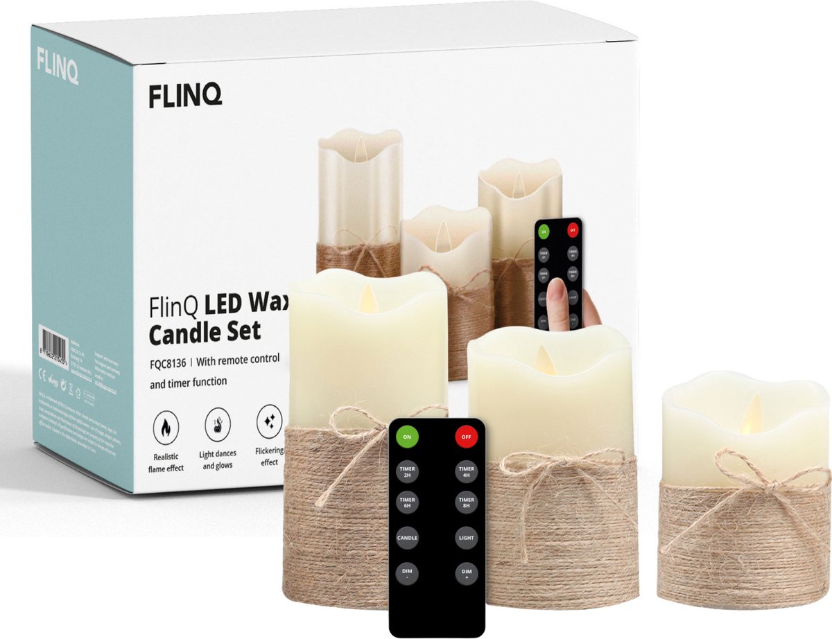FlinQ LED-kaarsen met bewegende vlam en lont – incl. afstandsbediening met timer en dimfunctie – flikkerend – staafkaarsen – set van 3