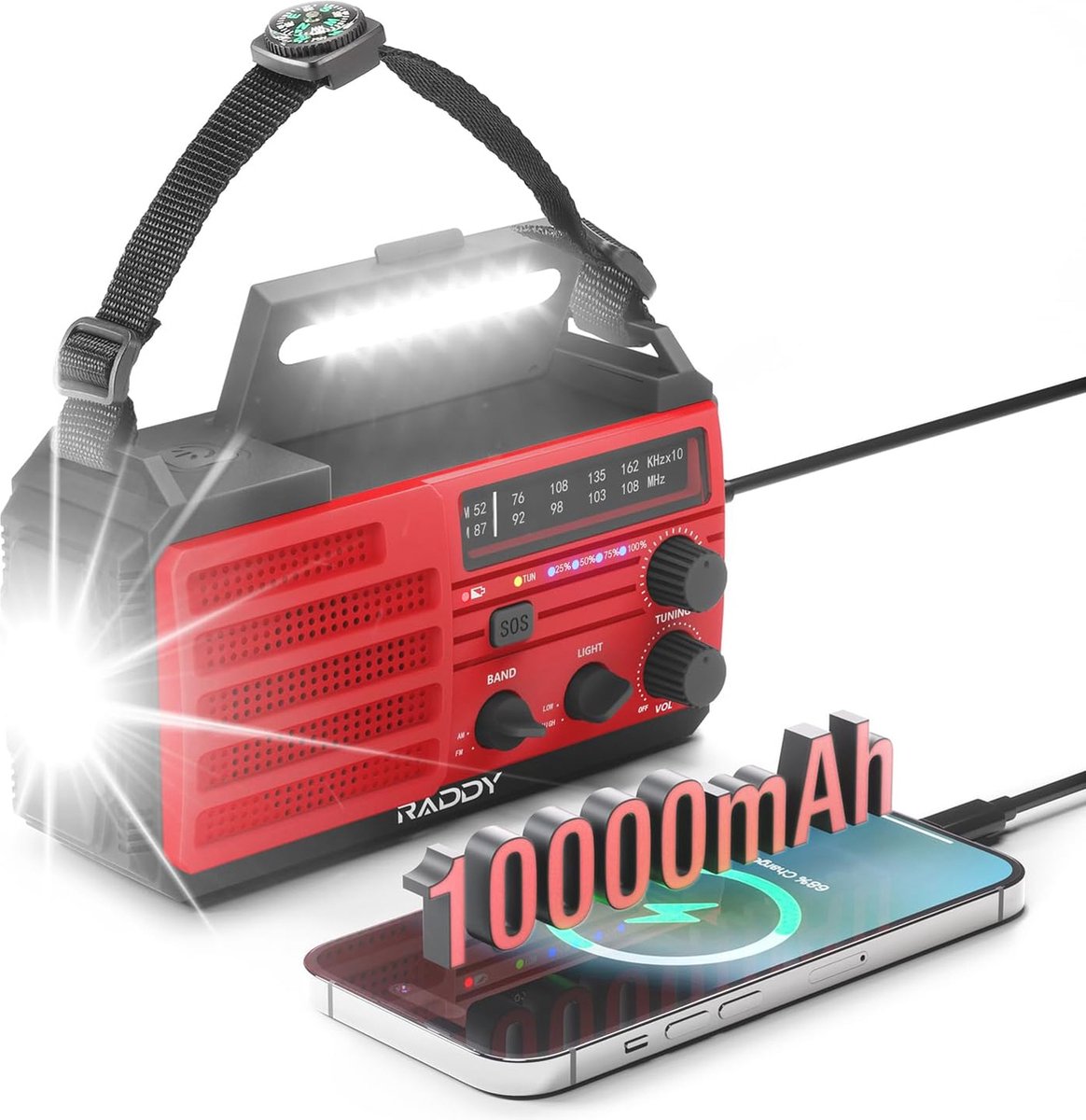 10000mAh Noodradio met Zonne-energie en Zaklamp voor Kamperen en Buitensport