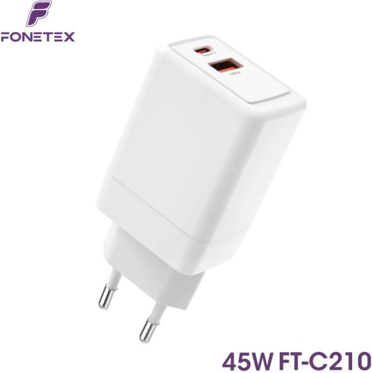 FoneTex 45W GaN Universele QC Snellader 45W - 2 Poorten (USB-C & USB-A) - GaN Technologie - PD 3.0 - Geschikt voor o.a. Tablets, Apple iPhone en Samsung Smartphones 2 aansluitingen - Wit