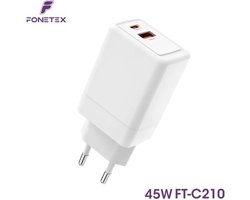 FoneTex 45W GaN Universele QC Snellader 45W - 2 Poorten (USB-C & USB-A) - GaN Technologie - PD 3.0 - Geschikt voor o.a. Tablets, Apple iPhone en Samsung Smartphones 2 aansluitingen - Wit