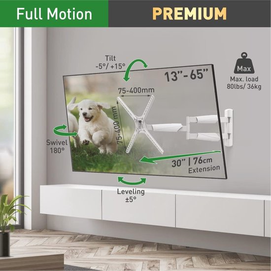 Barkan Lange witte tv-muurbeugel, 13-80 inch Full Motion Articulating - 4 bewegingen platte/gebogen schermbeugel, geschikt voor maximaal 110 lbs, extreem uitschuifbaar, past op LED OLED LCD