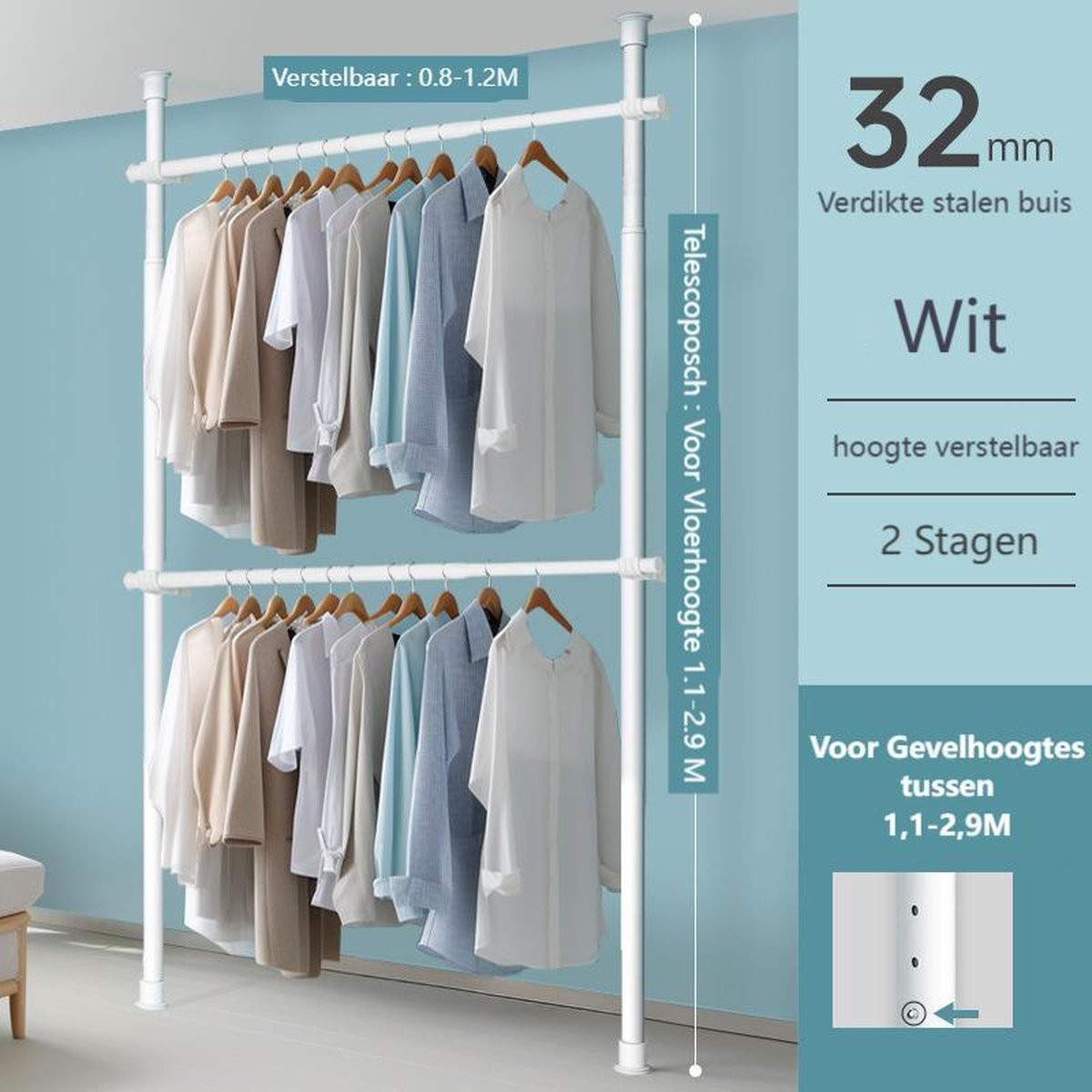 YYCHAN Telescopisch Kledingrek - Kledingrek Dubbel - Metaal - Verstelbaar 80-120cm - Zonder Boren - Hoogte 110-290cm - WIt