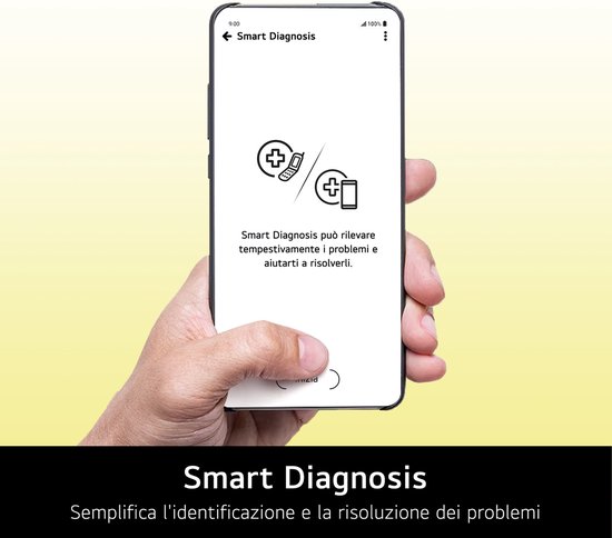Telefoon met 'Smart Diagnosis' app open, houdt aanwijzingen voor probleemoplossing vast.