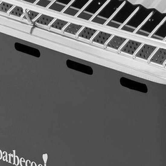 Detail van ventilatieopeningen en rooster van een donkergrijze barbecue.