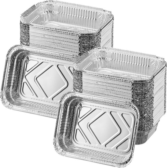 Relaxdays aluminium bakjes bbq, set van 100, BxD: 18,5 x 13 cm, rechthoekige barbecuebakjes, handige lekbakjes, zilver