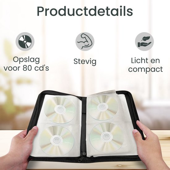 Zwart cd-hoesje met 80 cd-plekken, met de tekst 'Opslag voor 80 cd's', 'Stevig' en 'Licht en compact'.