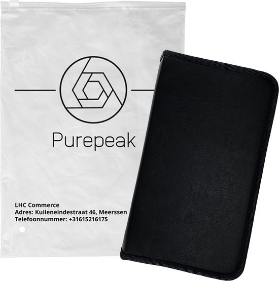 Zwart cd-hoesje van het merk Purepeak, naast een verpakking met het Purepeak logo.