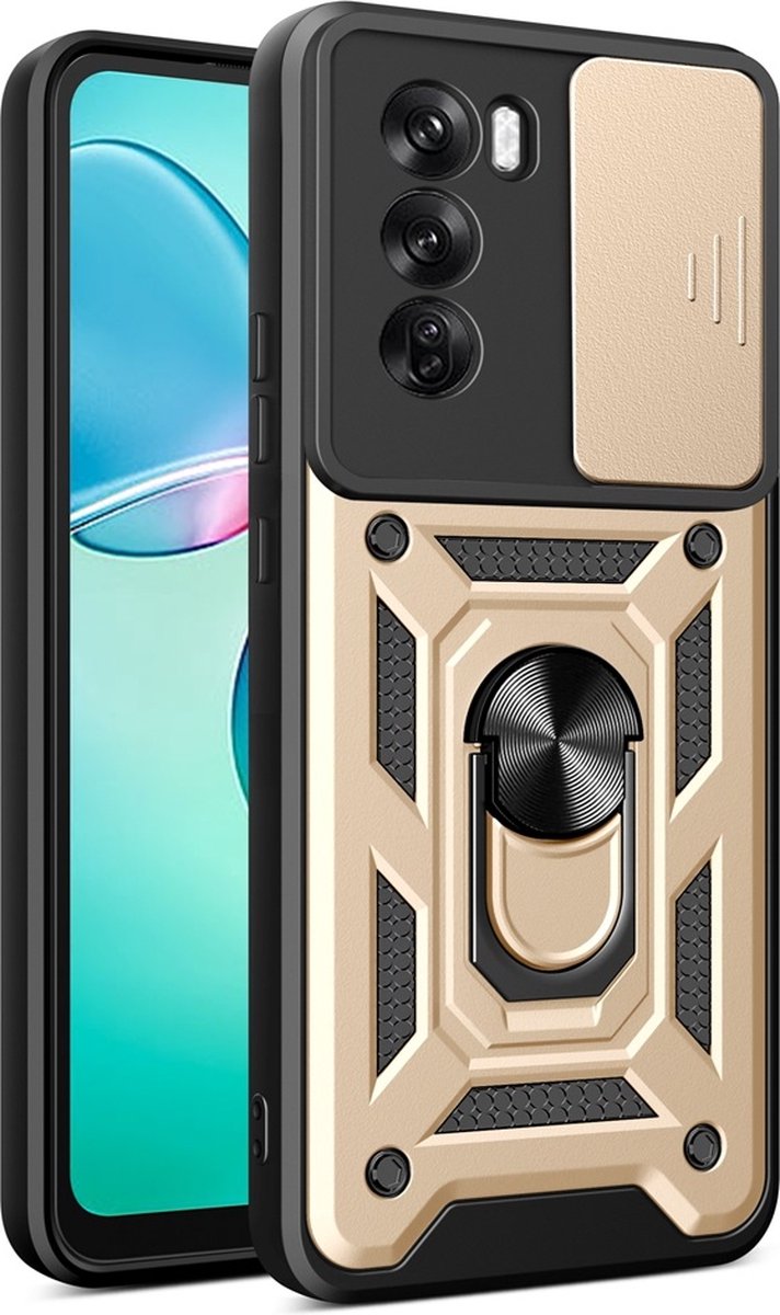 MobyDefend Hoesje - Geschikt voor Oppo Reno12 Pro - Pantsercase Met Draaibare Ring - Goud