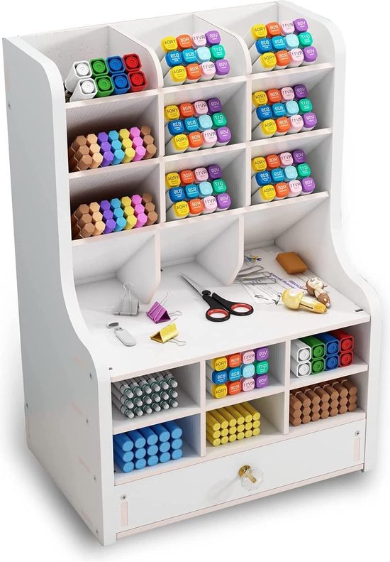 Houten Bureau Organizer - Multifunctionele Bureau Opberger - Pen Houder - Opbergdoos voor Kantoorbenodigdheden - School Spullen Opslagrek met Lade - Wit