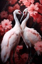 K&C Art (Peinture sur toile) 80x120cm | Grues à fleurs - oiseau - animal - nature - rose - blanc - noir - moderne - art | Séjour - chambre - hall - bureau | Impression de peinture photo sur toile - décoration murale - décoration murale - art mural