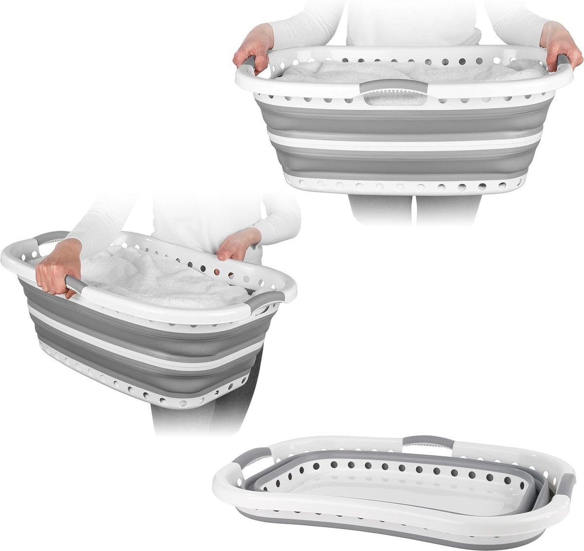 Goedkoopste Collapsible Hip Hugger Laundry Basket - Curved Shaped Body Easy Fold - Non-Slip Ergonomic Handles - Grey 37 Litres - 66 x 44 x 24cm When Collapsed