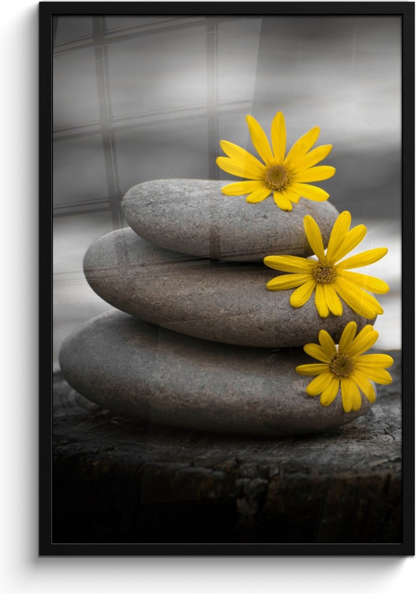 FrameYourWall Poster in lijst - Fotolijst 60x90 cm - Posters - Zen stenen - Bloemen - Geel - Natuur - Posterlijst zwart - Wanddecoratie badkamer - Muurdecoratie WC - Decoratieve accessoires - Toilet muur decoratie Stenen - Grijs