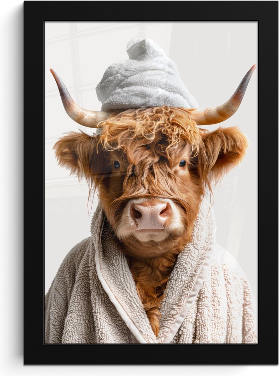FrameYourWall Poster in lijst - Fotolijst 20x30 cm - Posters - Schotse hooglander - Badjas - Koe - Dieren - Posterlijst zwart - Wanddecoratie badkamer - Muurdecoratie WC - Decoratieve accessoires - Toilet muur decoratie