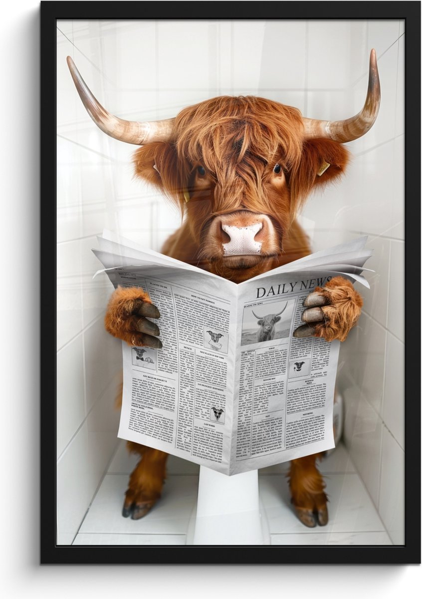 FrameYourWall Poster in lijst - Fotolijst 40x60 cm - Posters - Schotse Hooglander - Dier - Krant - Toilet - Posterlijst zwart - Wanddecoratie badkamer - Muurdecoratie WC - Decoratieve accessoires - Toilet muur decoratie Schotse hooglander - WC
