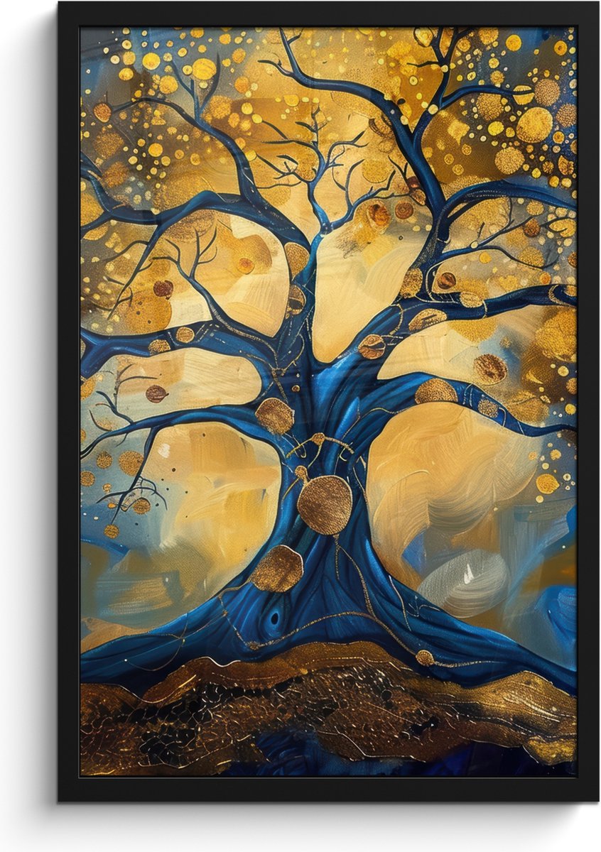 FrameYourWall Poster in lijst - Fotolijst 40x60 cm - Posters - Boom - Levensboom - Blauw - Goud - Posterlijst zwart - Decoratie - Wanddecoratie woonkamer - Muurdecoratie slaapkamer Goud - Blauw