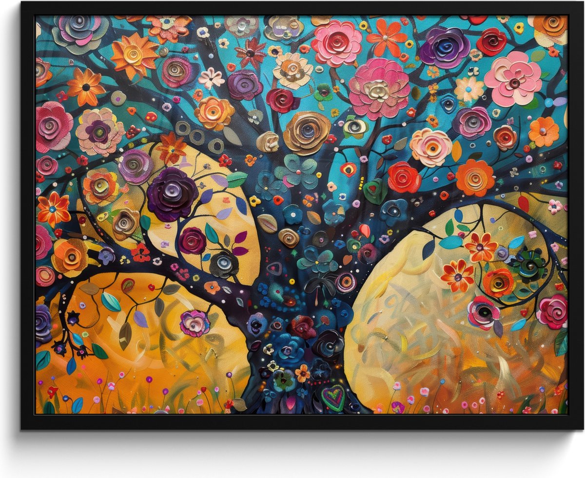 FrameYourWall Poster in lijst - Fotolijst 80x60 cm - Posters - Boom - Levensboom - Kleurrijk - Bloemen - Modern - Posterlijst zwart - Decoratie - Wanddecoratie woonkamer - Muurdecoratie slaapkamer