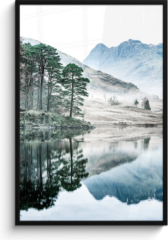 Poster in lijst - Fotolijst 80x120 cm - Posters - Natuur - Winter - Bergen - Bos - Posterlijst zwart - Decoratie - Wanddecoratie woonkamer - Muurdecoratie slaapkamer