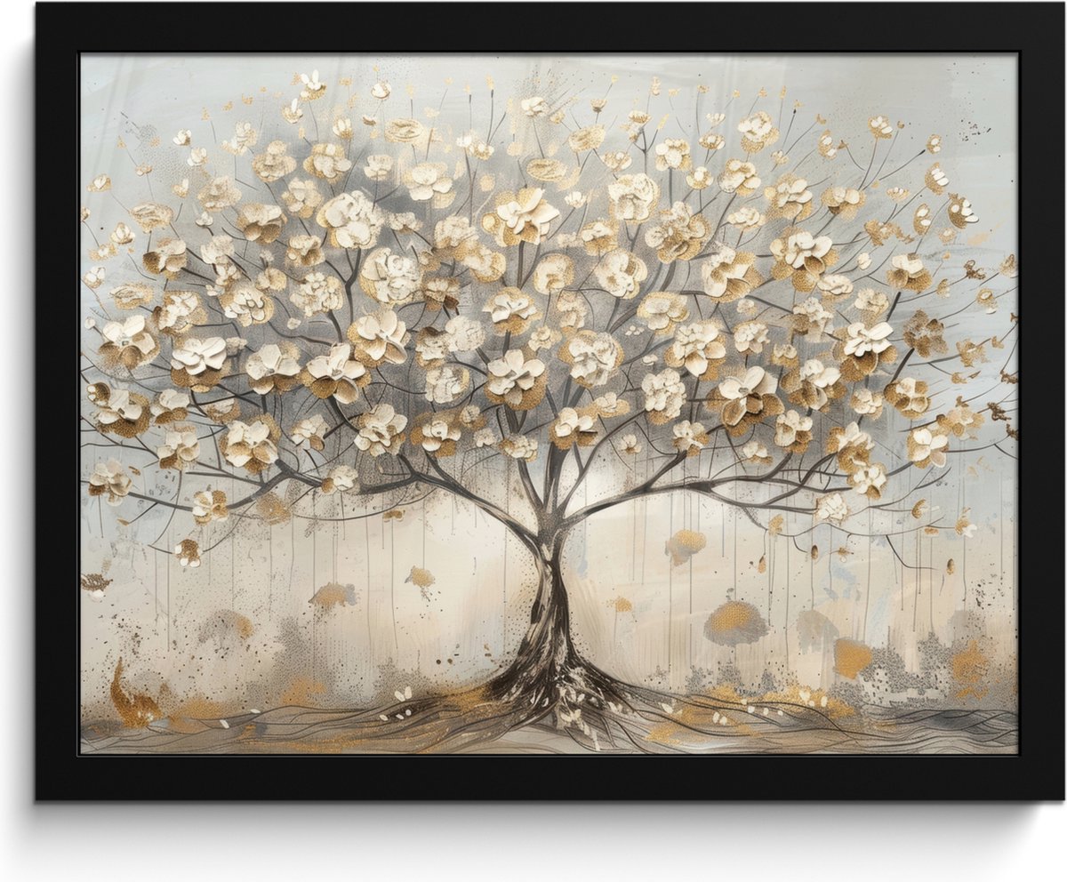 FrameYourWall Poster in lijst - Fotolijst 40x30 cm - Posters - Boom - Beige - Goud - Verflook - Grijs - Posterlijst zwart - Decoratie - Wanddecoratie woonkamer - Muurdecoratie slaapkamer Pastel - Goud