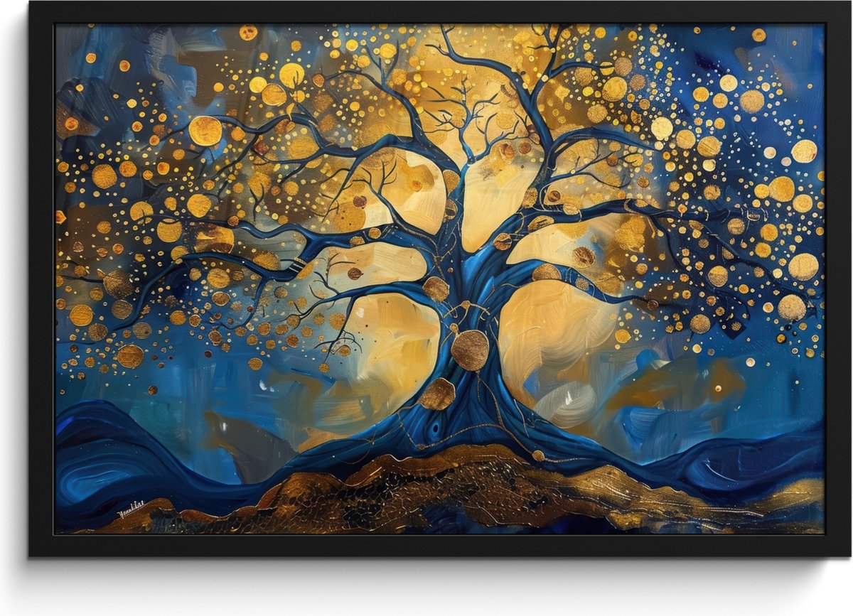 FrameYourWall Poster in lijst - Fotolijst 60x40 cm - Posters - Boom - Levensboom - Blauw - Goud - Posterlijst zwart - Decoratie - Wanddecoratie woonkamer - Muurdecoratie slaapkamer Goud - Blauw