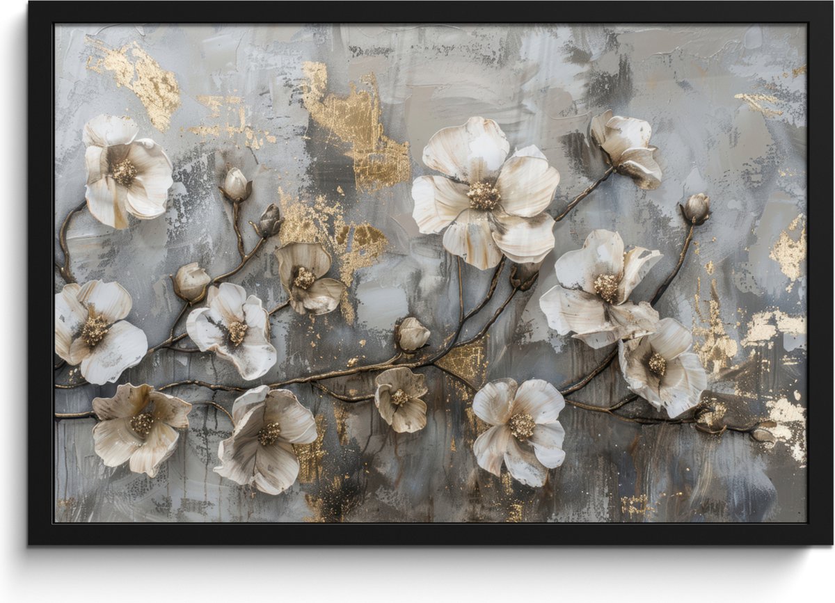 FrameYourWall Poster in lijst - Fotolijst 60x40 cm - Posters - Bloemen - Wit - Grijs - Goud - Luxe - Posterlijst zwart - Decoratie - Wanddecoratie woonkamer - Muurdecoratie slaapkamer