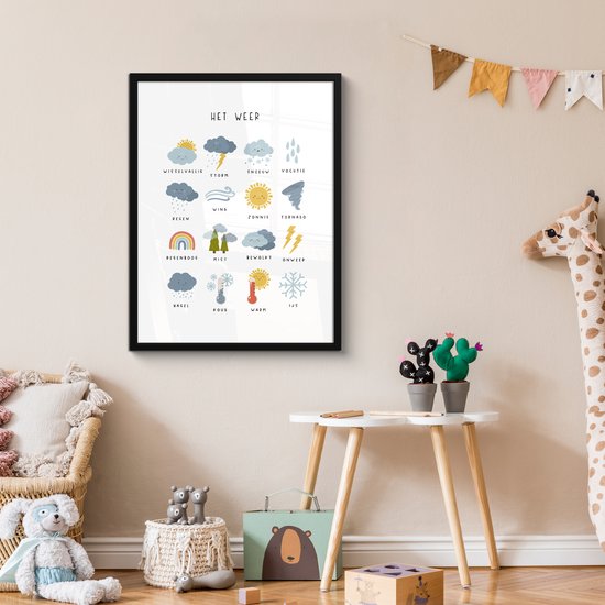 Poster in lijst - Fotolijst 60x80 cm - Posters - Het weer - Leren voor kinderen - Educatief - Regenboog - Zon - Posterlijst zwart - Kamer decoratie - Wanddecoratie kinderkamer - Muurdecoratie babykamer