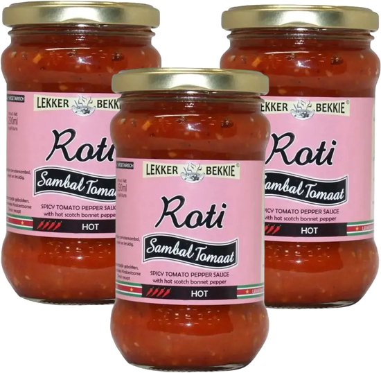 Lekker Bekkie® | 3 x 290 ml Roti Sambal Tomaat | lekkerste sambal | Glutenvrij