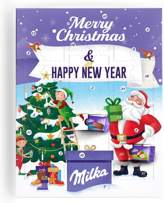 Foto: Milka adventskalender adventkalender 2024 24 overheerlijke milka chocolaatjes 4 verschillende smaken chocolade het perfecte kerstcadeau happy new year 