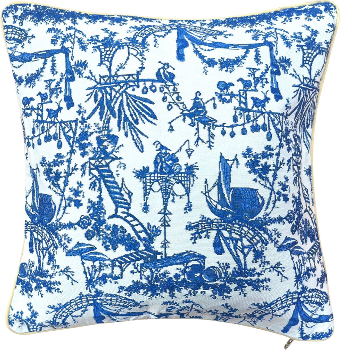 Signare Kussenhoes - Luxe gobelinstof - Chinoiserie - Blauw - Wit - British Museum - 45x45 cm creme