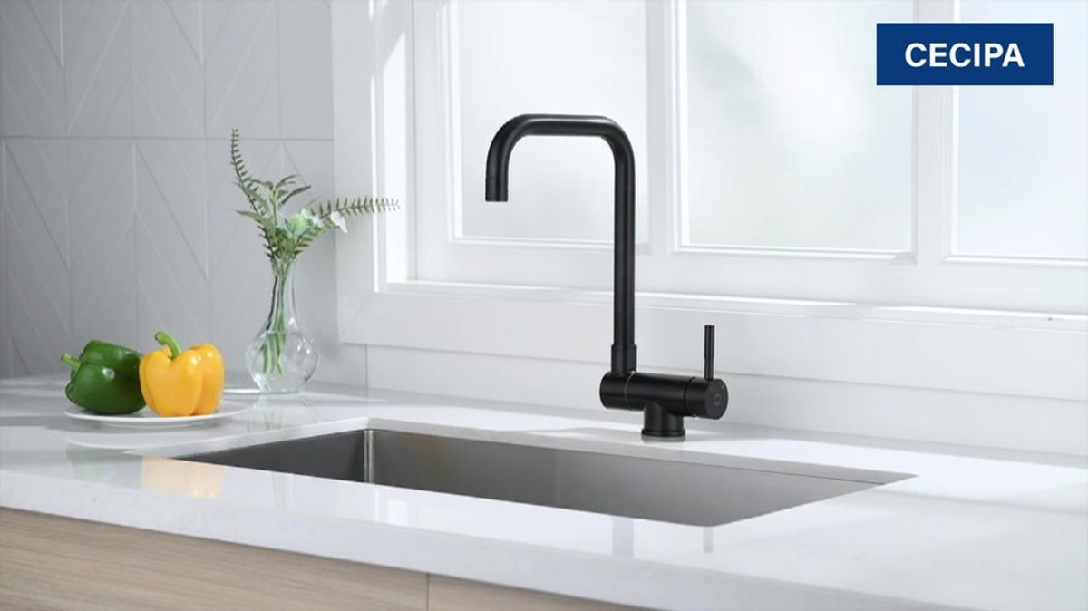 Design Sanitair Winkel | Inklapbare Zwarte Keuken mengkraan met draaibare lange uitloop - - Design Sanitair Winkel