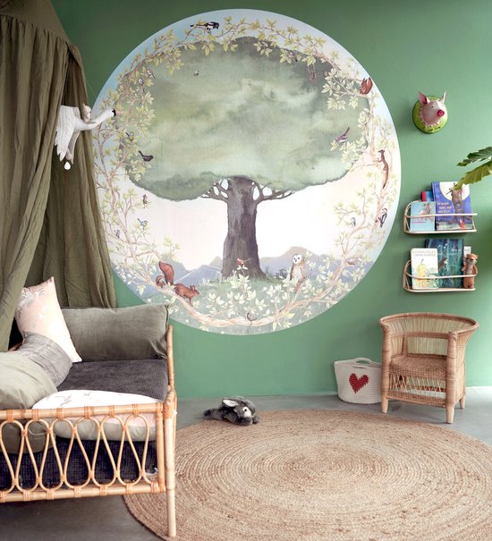 Papier peint arbre printanier cercle L 190x190 cm | Pour chambre de Bébé et d'enfant | Fabriqué aux Pays-Bas | Propre conception | Design de brise-cœur