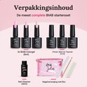 Inhoud van de Miss Jules BIAB starterset: 3x BIAB Color gel, primer, base coat, top coat, nagelreiniger en nail art etui met accessoires.