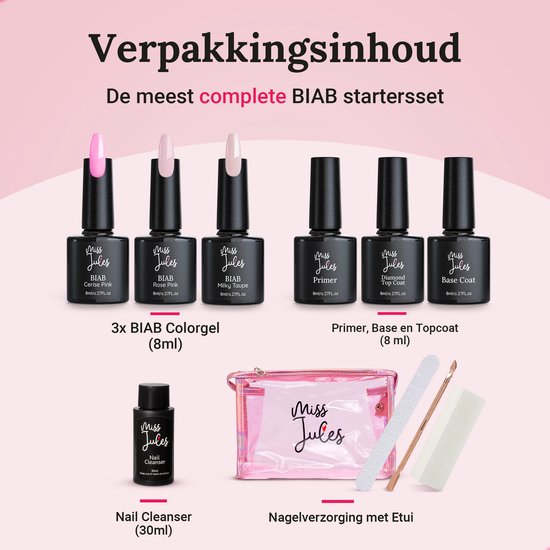 Inhoud van de Miss Jules BIAB starterset: 3x BIAB Color gel, primer, base coat, top coat, nagelreiniger en nail art etui met accessoires.