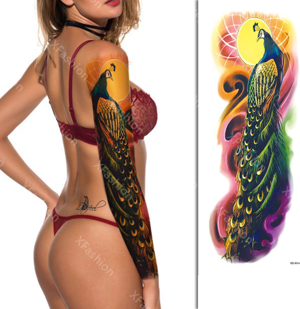 Tattoo Sleeve - Pauw Kleuren Peacock Bird Vogel Zon - Neptattoo Lichaam en Gezicht - Tijdelijke Henna Plak Tattoos - Nep Tatoeage - Fake Temporary Tattoo - Festival Make-up Outfit Volwassenen Kinderen
