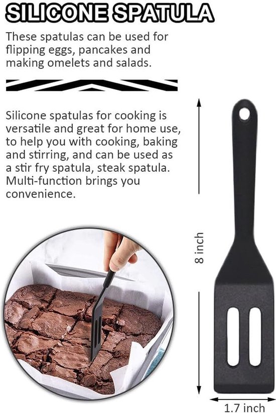 Een zwarte siliconen spatel van 8 inch met sleuven, ideaal voor het bakken van brownies.