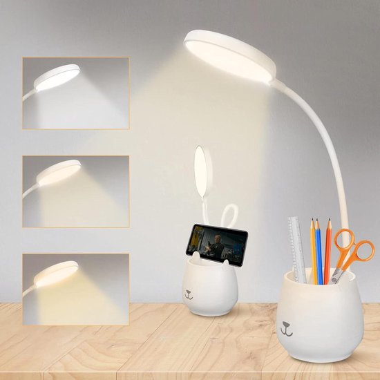 Led-bureaulamp met penhouder, bureaulamp voor computer/desktop, wit, oplaadbaar, oogverzorging, flexibele zwanenhals, bedlampje om te lezen