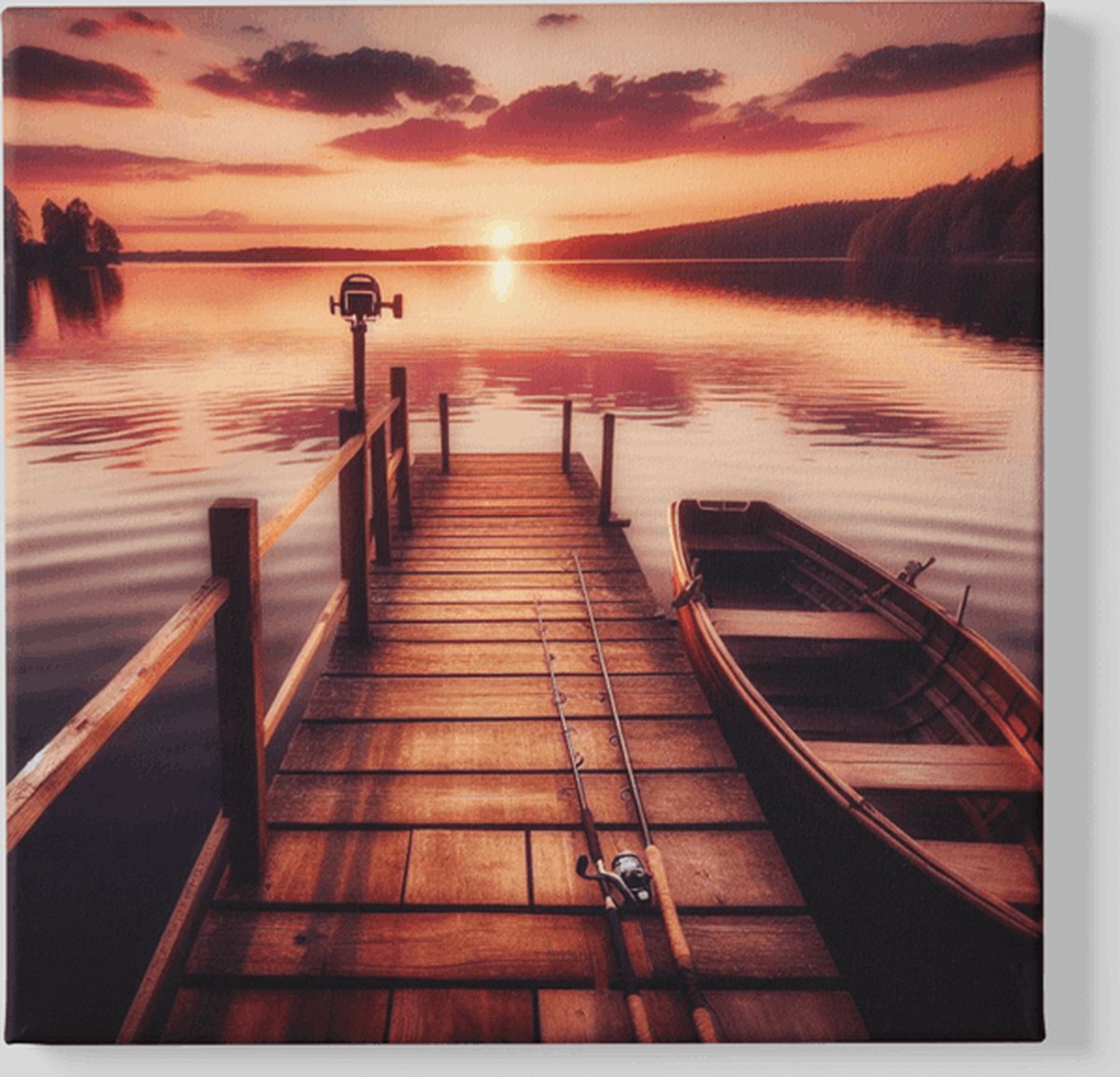 Trendex Global Vierkant Canvas Schilderij - Landschap - Zonsondergang - Houten Pier - 40x40x2 cm Rood