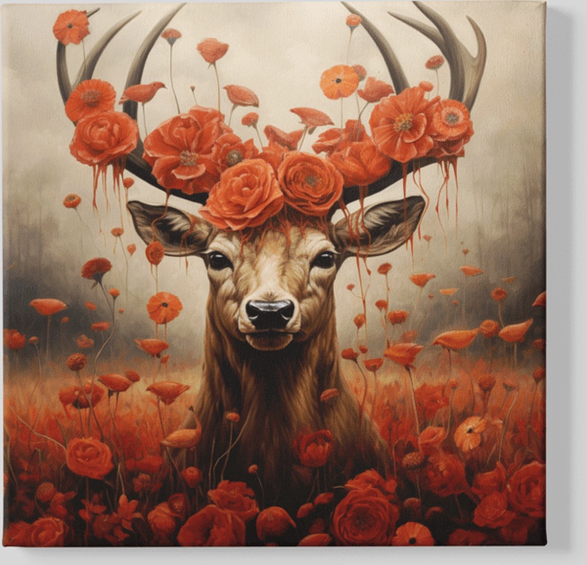 Trendex Global Vierkant Canvas Schilderij - Dieren - Hert met Bloemen - 100x100x2 cm Rood