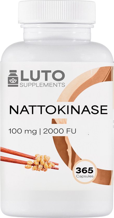 Foto: Nattokinase 365 capsules 100 mg 20 000 fu g 12 maanden voorraad laboratorium getest hoge dosering veganistisch van gmo vrije soja zonder ongewenste toevoegingen luto supplements